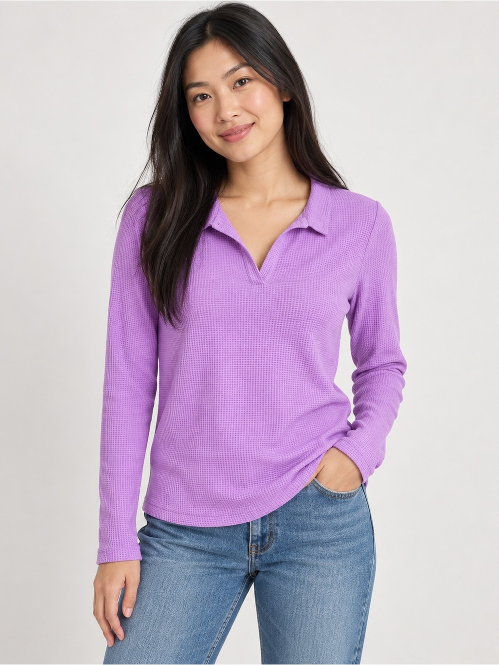 Women's Lilac Waffle-Knit Collared Long Sleeve Top